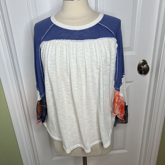We The Free People Friday Fever Batwing Boho Oversized Thermal Top Blue Small - Picture 2 of 7